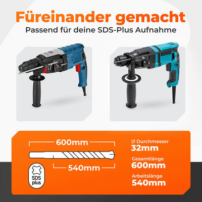 BAUBECK SDS Plus Bohrer 32mm x 600mm lang für Beton & Stein - Premium 40CR Stahl, langlebig - 4 Schn