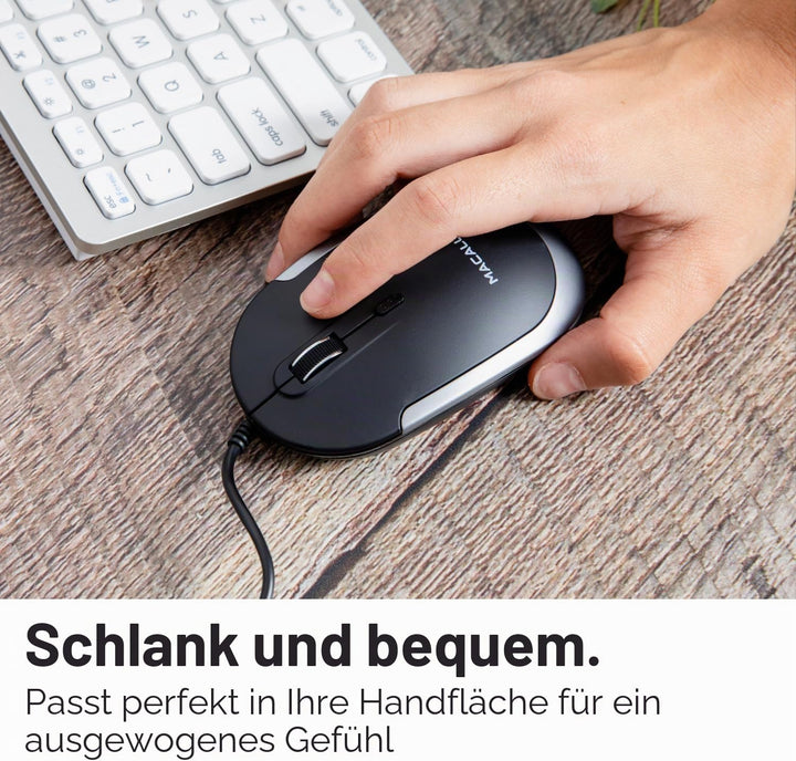 Macally DYNAMOUSE, MacBook Maus mit 3 Tasten und Scrollrad, optisch mit Kabel, Mouse für USB-A Noteb