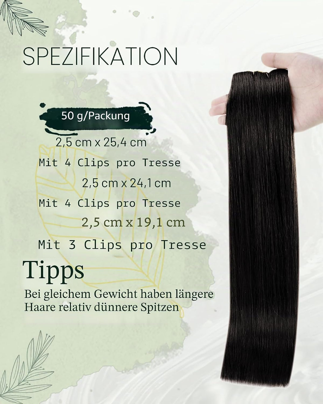 RUNATURE Echthaar Extensions Clip Schwarz 25cm Glatt Menschliches Haar Clip in Extensions Echthaar N