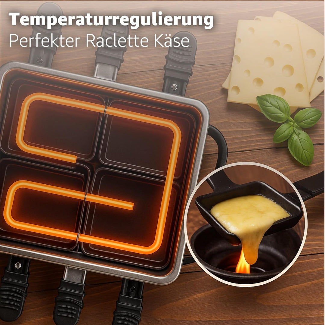 Raclette Fondue Set für 8 Personen mit Pfännchen & Schaber - Rostfrei & Regulierbar (Fondue Set), Fo