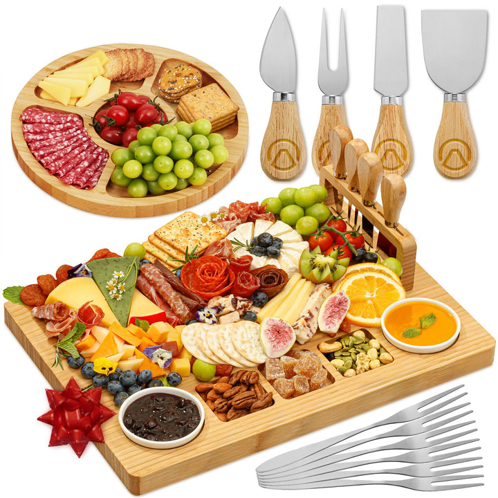 Charcuterie Boards Premium Geschenkset – 15-teilig, Bambus – grosses Käsebrett plus Obsttablett als