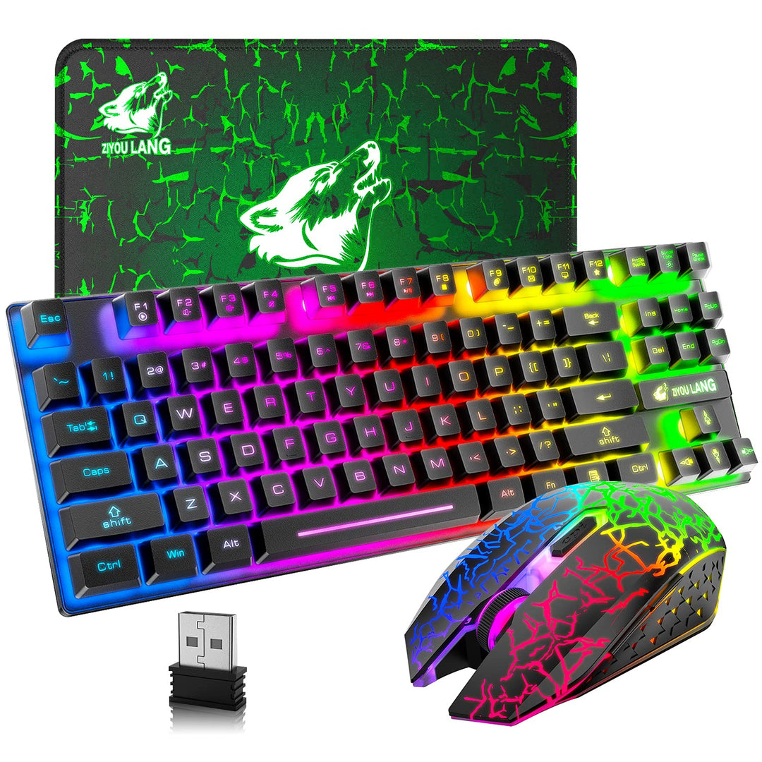 Kabellose Gaming-Tastatur und Maus, 87 Tasten, Regenbogen-LED-Hintergrundbeleuchtung, wiederaufladba