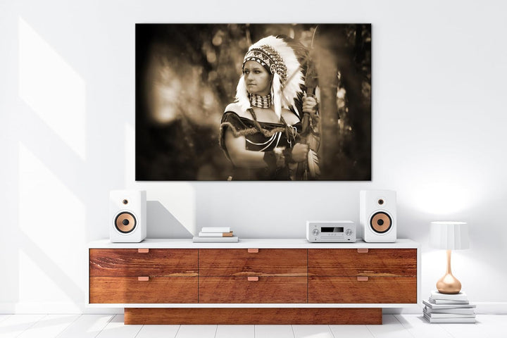 deyoli stolze Indianerin Format: 80x60 Effekt: Sepia als Leinwand, Motiv fertig gerahmt auf Echtholz