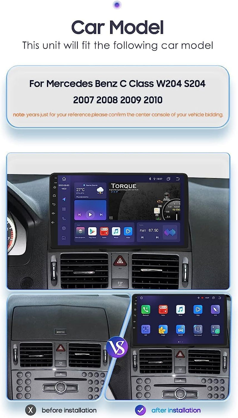 Hizpo 9-Zoll-Android 12 Autonavigation für Benz C Klasse W204 S204 (2007-2010) Unterstützt Apple Car