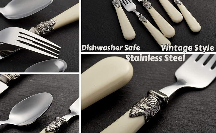 EXZACT Elfenbein Creme Besteck Set 20 Stück, Edelstahl mit detaillierten Griff, traditionelle, elega
