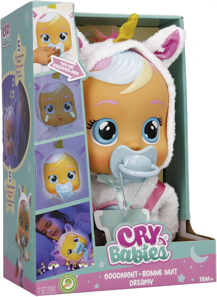 Cry Babies Goodnight Dreamy - Interaktive weiche Kuschelpuppe, Schlafenszeitpuppe mit Nachtlicht und