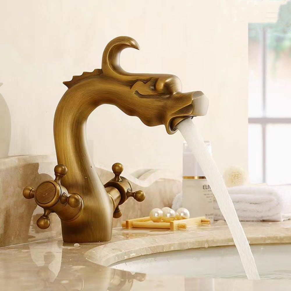 Retro Waschbecken Wasserhahn Bad Messing, Doppelgriff Waschtischarmatur Bronze, Mischbatterie Armatu