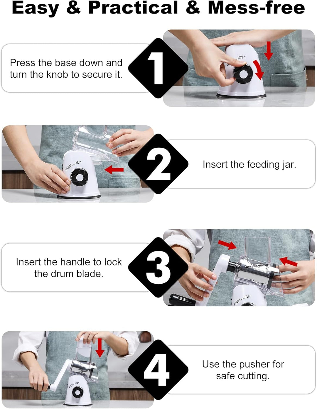 GDL Käsereibe mit Kurbel, Gemüsehobel mit 3 austauschbaren Trommelklingen, Reibe Küche Schnelles Sch