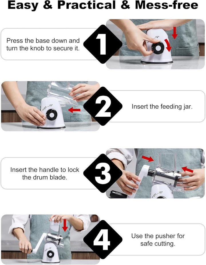 GDL Käsereibe mit Kurbel, Gemüsehobel mit 3 austauschbaren Trommelklingen, Reibe Küche Schnelles Sch