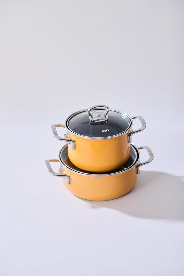 Riess, 0651-113, Topf mit Glasdeckel Ø 16cm, ORANGE, Emaille, Vol. (rec.): 1,5 Liter, Made in Österr
