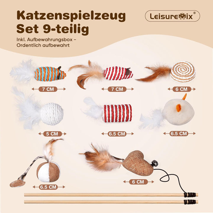 Katzenspielzeug Set 9-teilig | Katzenangel, Sisal Leinen, mit Bällen