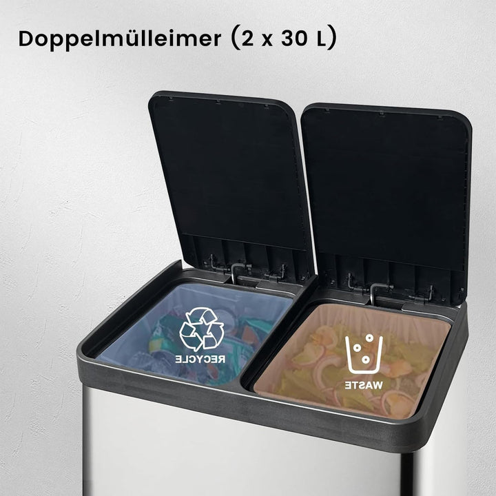 Mülleimer Küche 60l, 2x30L Mülltrennsystem, Tretmülleimer, Silber | Mülleimer 2 Fächer, Edelstahl, H