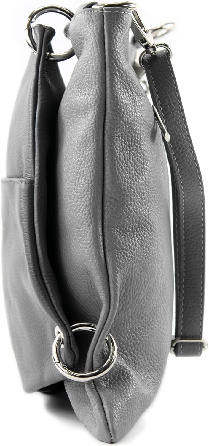 modamoda de - T140 - ital Messengertasche Umhängetasche 2in1 Leder Grau/Dunkelgrau, Grau/Dunkelgrau