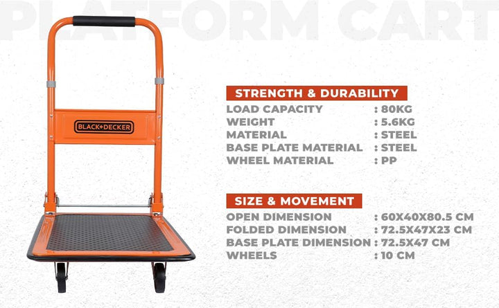 BLACK+DECKER BXWT-H303 Plattformwagen - Transportwagen Max. 80KG - Klappbarer Handwagen 60 x 40 x 80