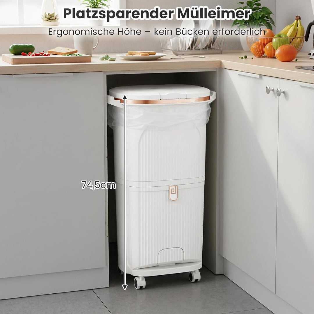 COSTWAY Mülleimer Küche, Mülltrennsystem 3 Fächer, 2 x 12L Inneneimer & 14L Treteimer, Abfalleimer m