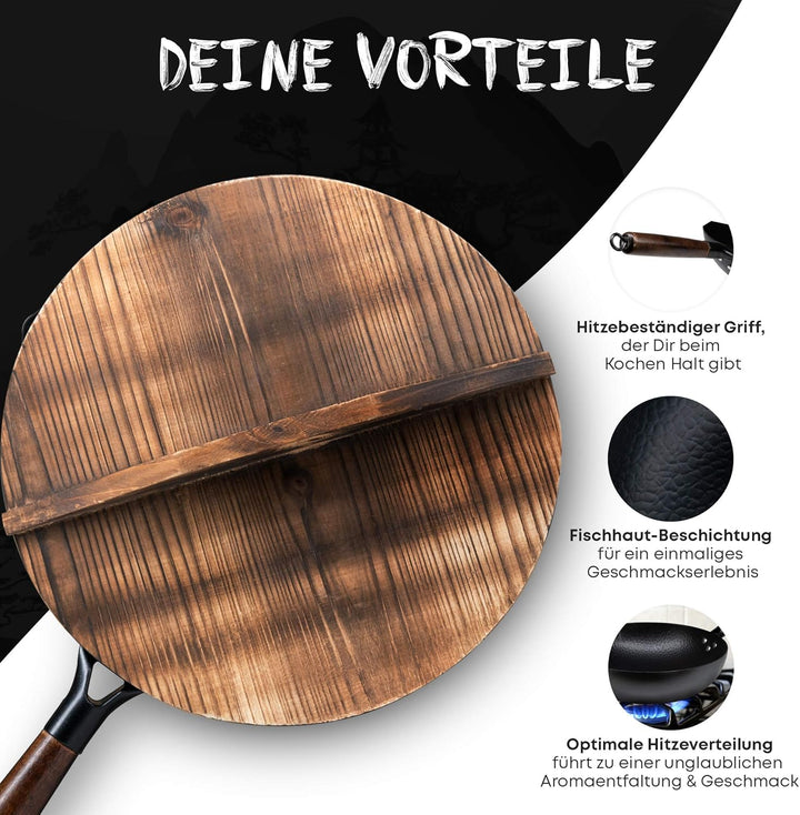 Wokpfanne + Abdeckung für jeden Herd (32 cm gross) handgehämmerte Wok Pfanne aus Karbonstahl mit Hol