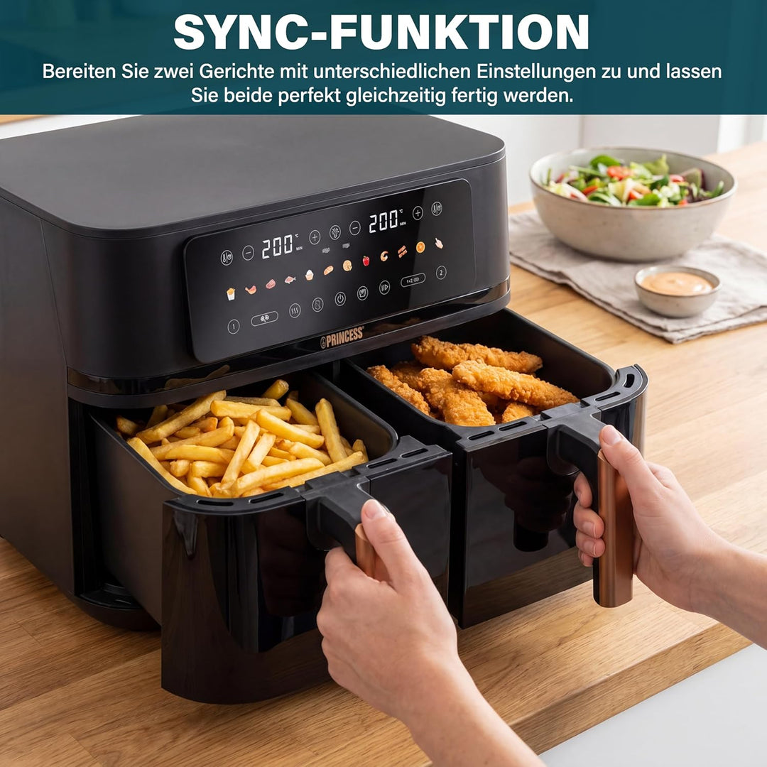 Princess Doppel-Heissluftfritteuse 9L 3100W – Zwei Garzonen mit Sync-Finish-Funktion, grosse Kapazit