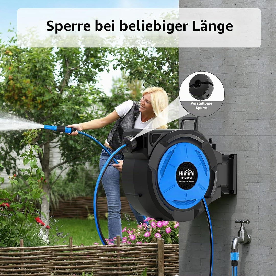 Himimi Ausziehbare Wand-Schlauchtrommel, 30 m + 2 m 1/2-Zoll-Schlauch, automatische Schlauchaufrolle