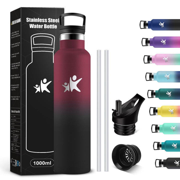 KollyKolla Edelstahl Trinkflasche 1L, Auslaufsichere Wasserflasche mit Strohhalm, Kohlensäure Geeign