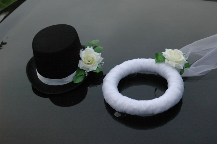 Schleier UND Hut Autoschmuck Rose Car Dekoration Hochzeit Wedding ®Auto-schmuck (Ecru), Ecru