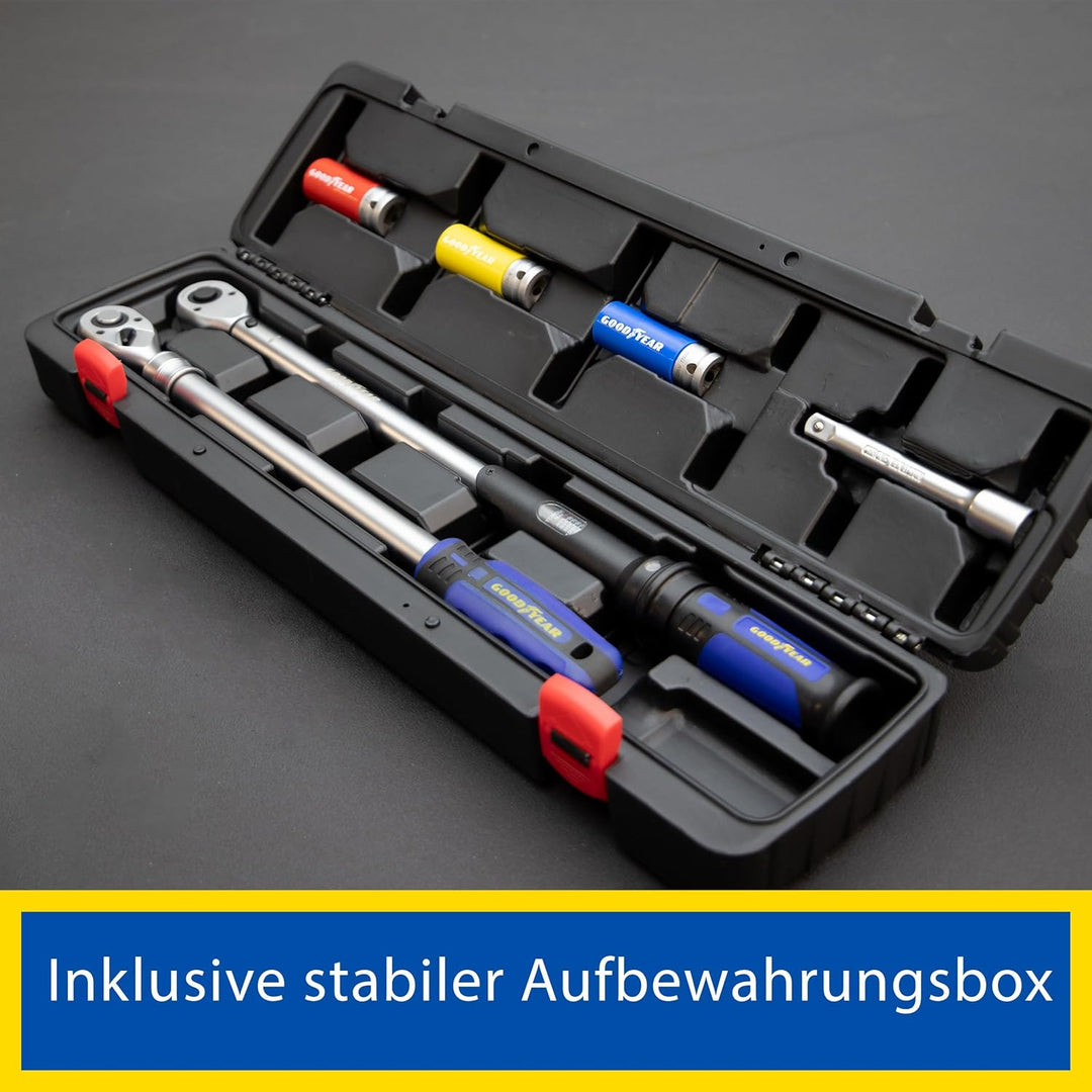 Goodyear Radwechselset, 6-teilig, Drehmomentschlüssel + Umschaltknarre + 3-tlg. Steckschlüsselsatz +