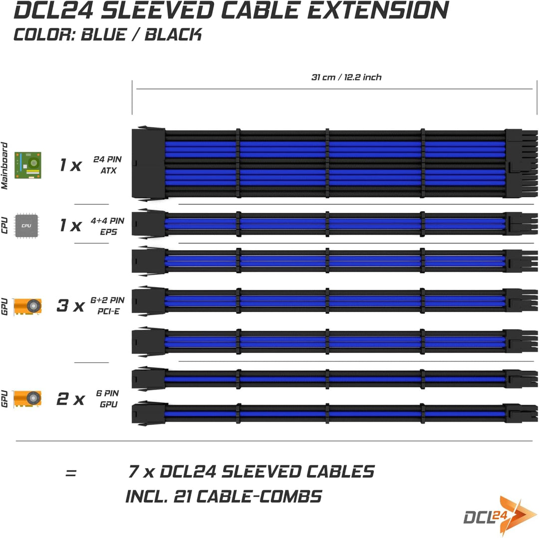 dcl24.de 30CM Sleeved Cable PC Extension Kit Schwarz-Blau für Netzteil, GPU/CPU, PSU Cable Extension