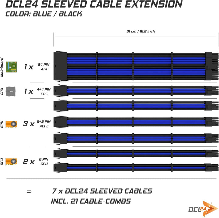 dcl24.de 30CM Sleeved Cable PC Extension Kit Schwarz-Blau für Netzteil, GPU/CPU, PSU Cable Extension