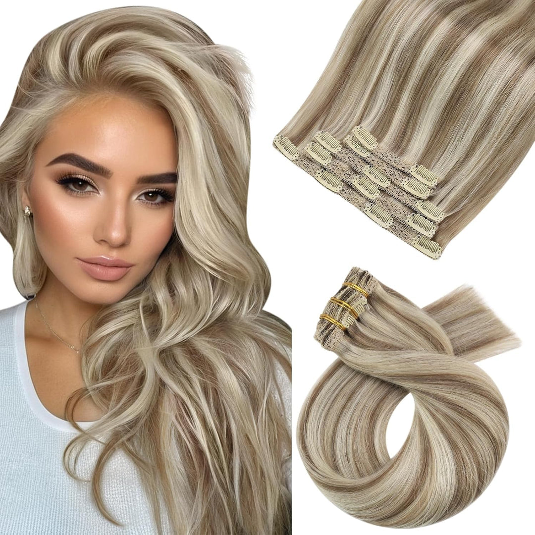 Moresoo Clip in Extensions Echthaar Braun mit Blond Remy Echthaar Extensions Clip Doppelt Tressen Cl