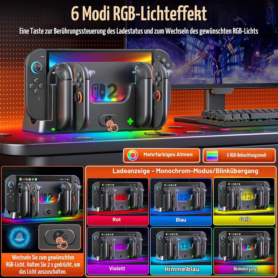 Wenocally Switch 2 Controller-Ladestation, Kompatibel mit Switch 2 Joy-Con,Joycon-Ladedock mit 6 RGB