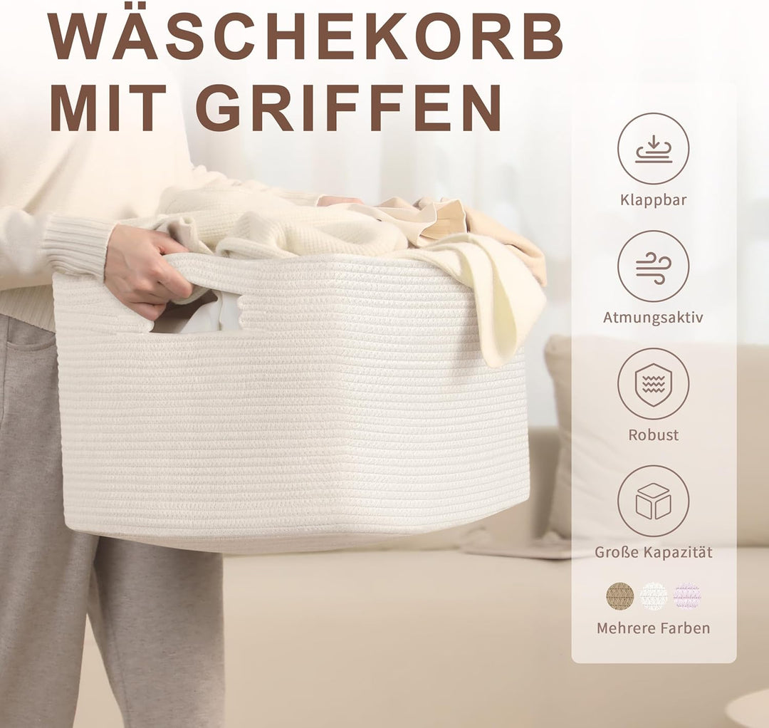 Grosser 72L Aufbewahrungskorb aus Baumwollseil, Boho Korb für Spielzeug Decken, Wäschekorb Geflochte