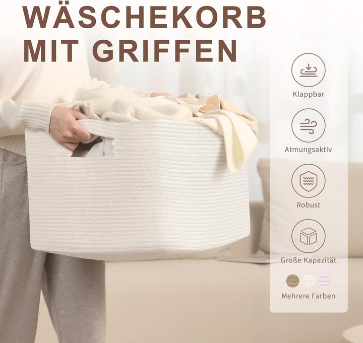 Grosser 72L Aufbewahrungskorb aus Baumwollseil, Boho Korb für Spielzeug Decken, Wäschekorb Geflochte