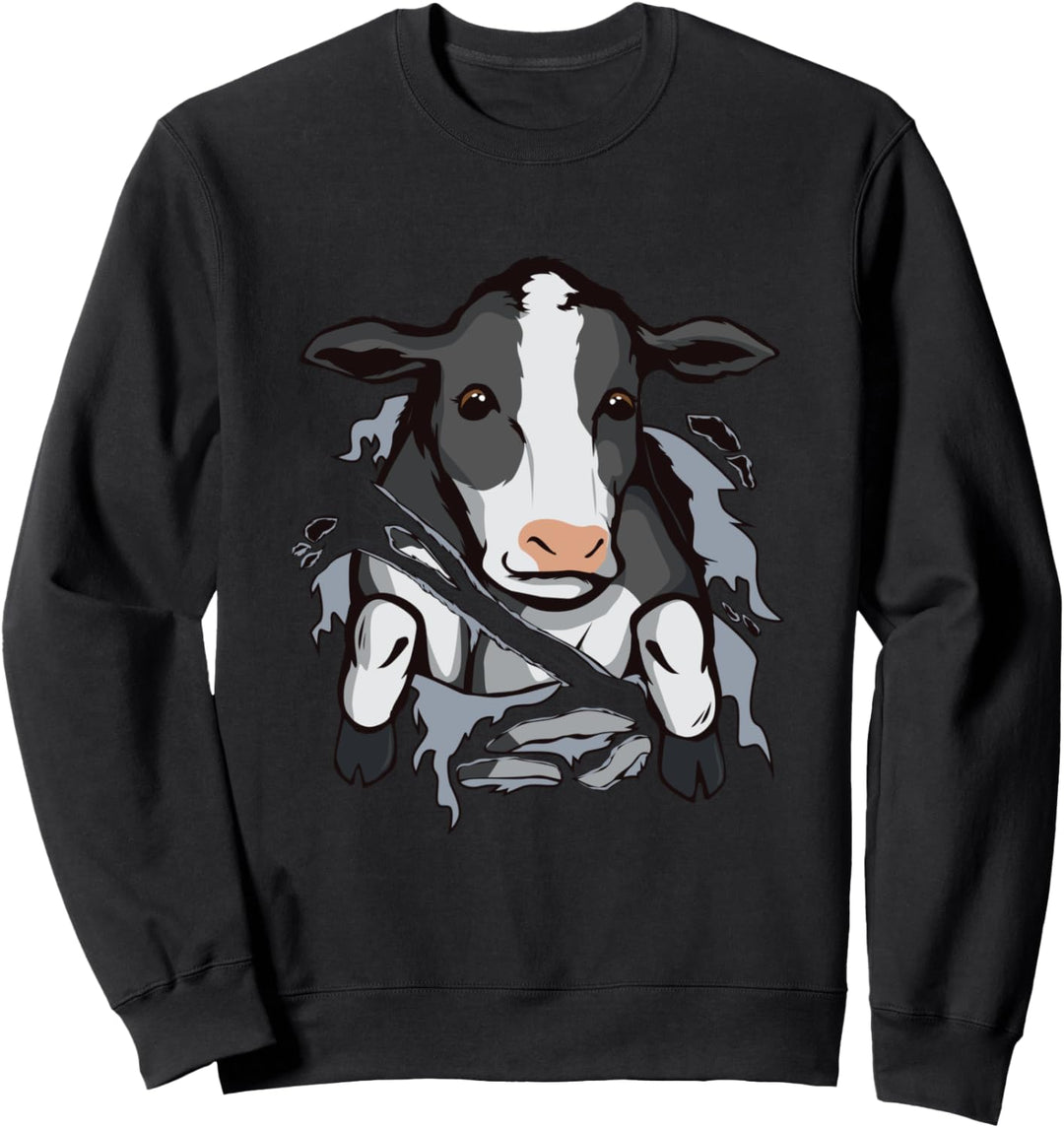 Kuh schaut durch zerrissene Kleidung Landwirt Rind Kühe Sweatshirt