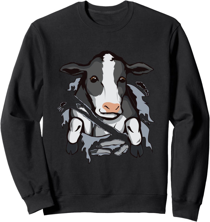 Kuh schaut durch zerrissene Kleidung Landwirt Rind Kühe Sweatshirt