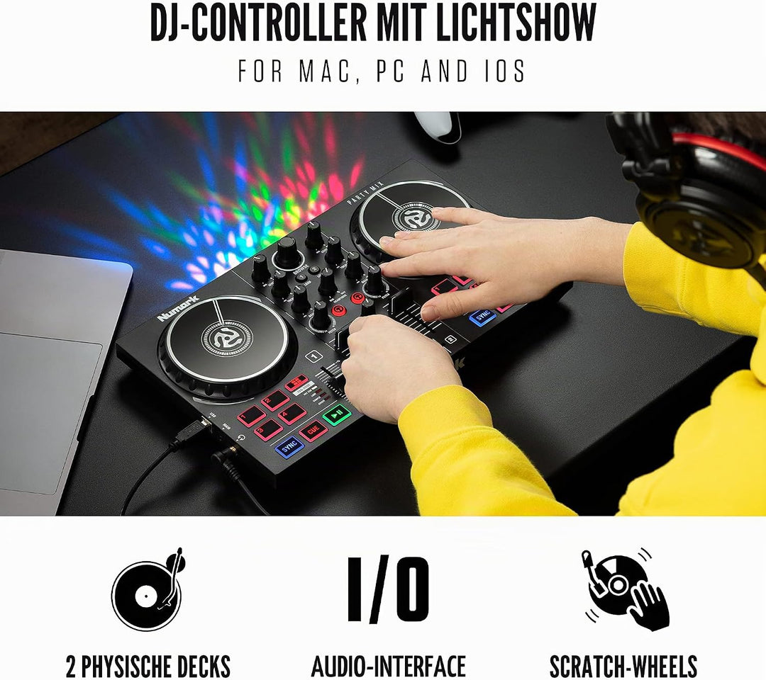 Numark Party Mix II – DJ Controller Pult mit 2 Decks, eingebauten DJ-Lichtern &amp; DJ-Mixer; unterstütz