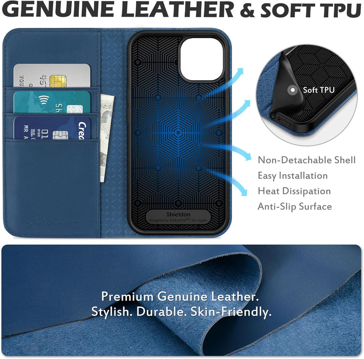 SHIELDON Hülle für iPhone 14 Schutzhülle [Rindsleder] [Stossfest ] [Standfunktion] [Kartenfach] TPU
