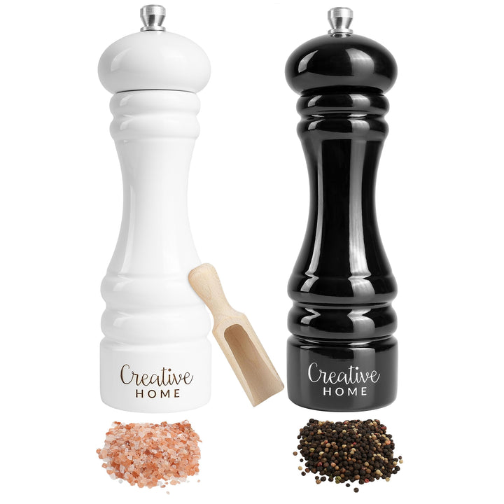 Creative Home Grosse Salz Pfeffermühle Holz | Set von 2 Mühlen Weiss Schwarz mit Mini-Holzschaufel |