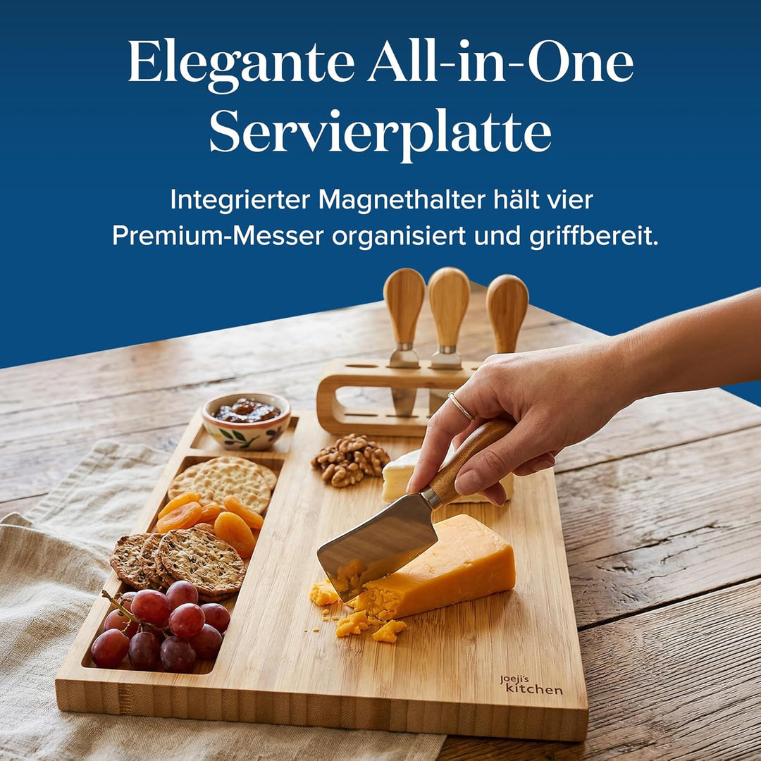 Joejis Käseplatte Bambus - Käsebrett mit Käsemesser Set - Cheese Board - Holz Servierplatte - Ideal