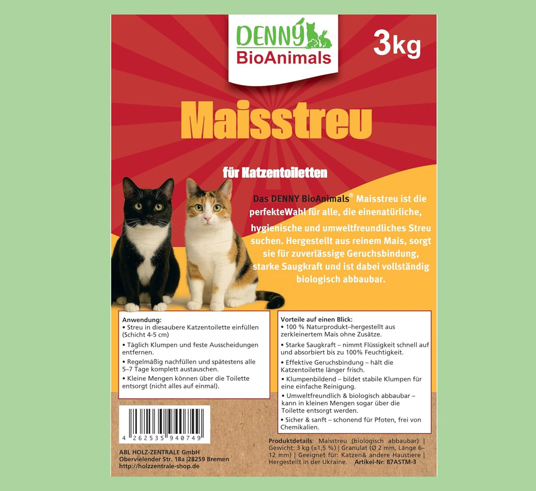 Denny BioAnimals® Klumpende Mais Katzenstreu 100% Pflanzlich & Biologisch Abbaubar – Extra Ergiebig