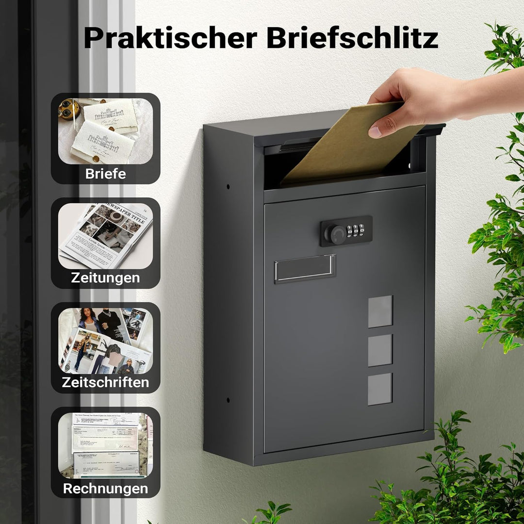 Wiltec Briefkasten anthrazit 215x320x90mm Briefkasten mit Zahlenschloss, Namensschild und Sichtfenst