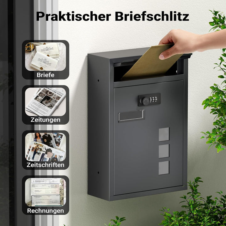Wiltec Briefkasten anthrazit 215x320x90mm Briefkasten mit Zahlenschloss, Namensschild und Sichtfenst