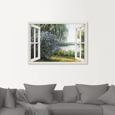 ARTland Leinwandbilder Wandbild Bild auf Leinwand 100x70 cm Landschaften Fensterblick J4WF Hortensie