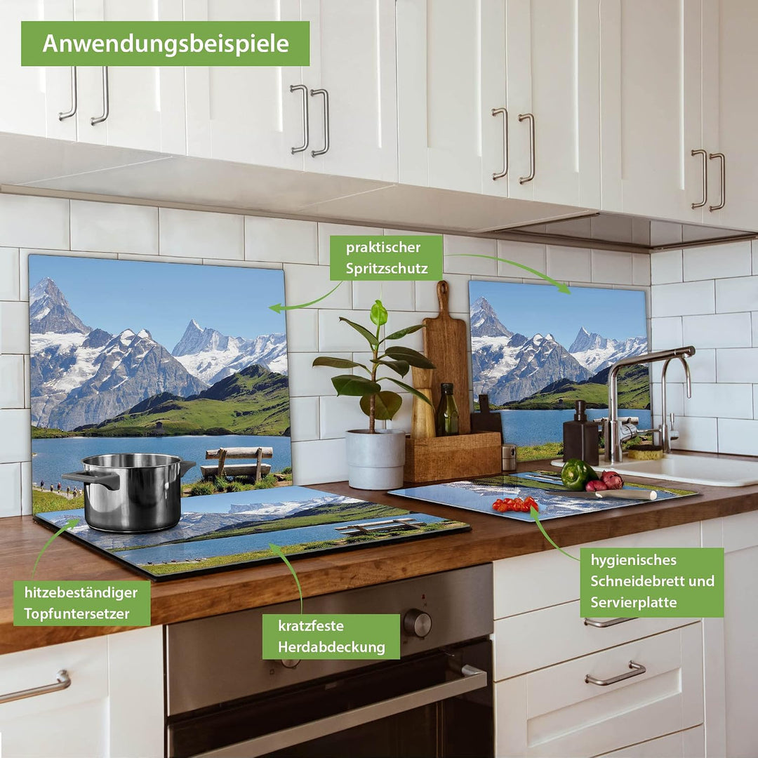 banjado® Herdabdeckplatte Glas 1-teilig 60x52 cm/Schneidebrett Herdabdeckung mit Motiv Alpen/Herdabd