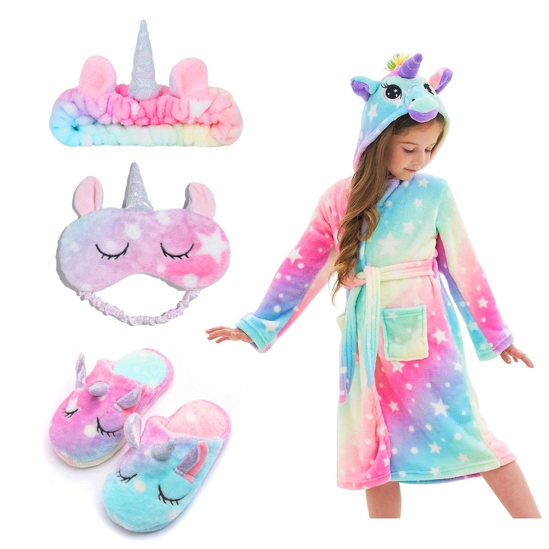 Piefry Weicher Einhorn-Bademantel mit Kapuze für Mädchen mit Einhorn-Pantoffeln, Augenbinde und Stir