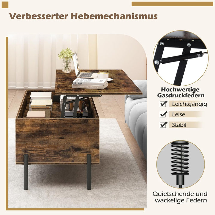 COSTWAY Couchtisch Höhenverstellbar, Beistelltisch mit anhebbarer Tischplatte & 3 offenen Fächern, W