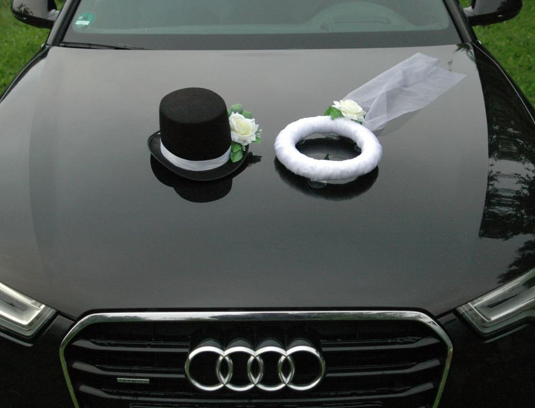 Schleier UND Hut Autoschmuck Rose Car Dekoration Hochzeit Wedding ®Auto-schmuck (Ecru), Ecru