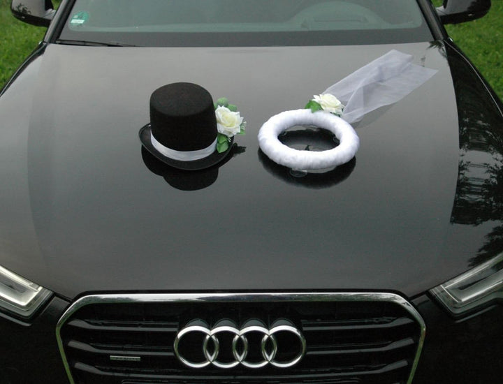 Schleier UND Hut Autoschmuck Rose Car Dekoration Hochzeit Wedding ®Auto-schmuck (Ecru), Ecru