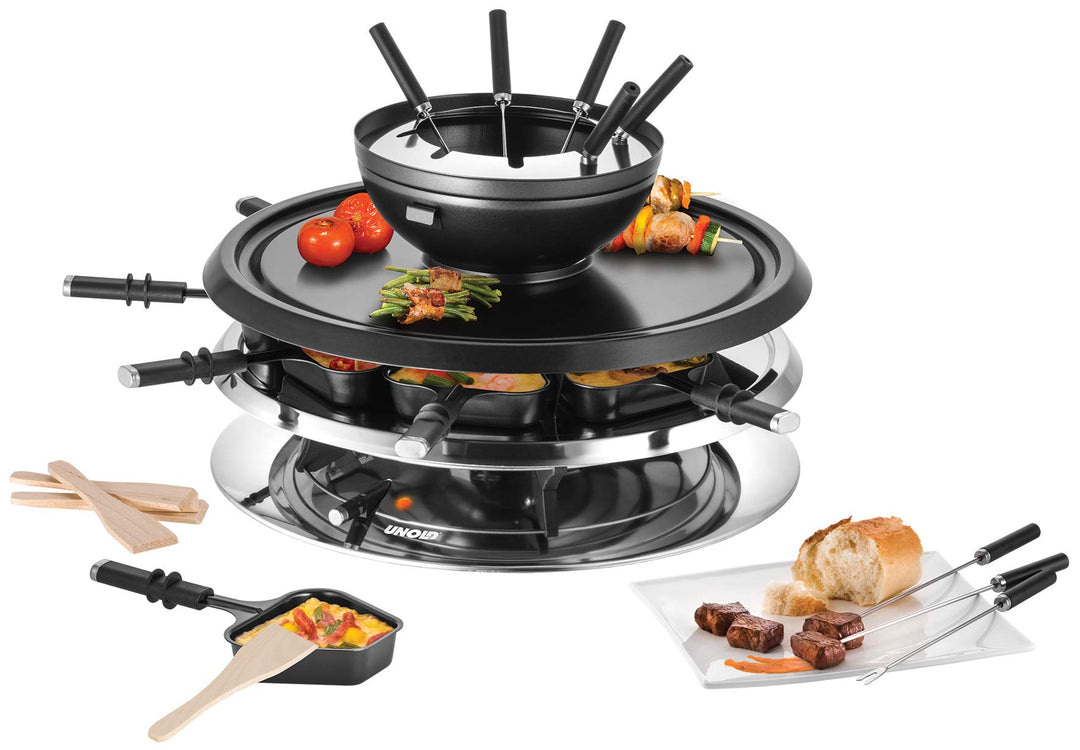 Unold 48726 Raclette Multi 4 in 1-1300 Watt, Für bis zu 8 Personen, Antihaftbeschichtung, Raclette,