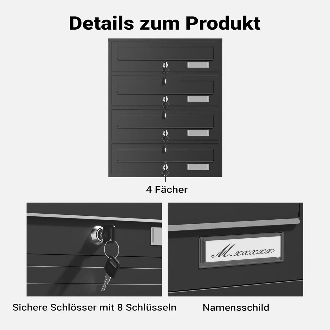 Wiltec 4er Briefkastenanlage schwarz 270 x 513 x 1500 mm, Standbriefkasten mit 4 Fächern, Schlüssel
