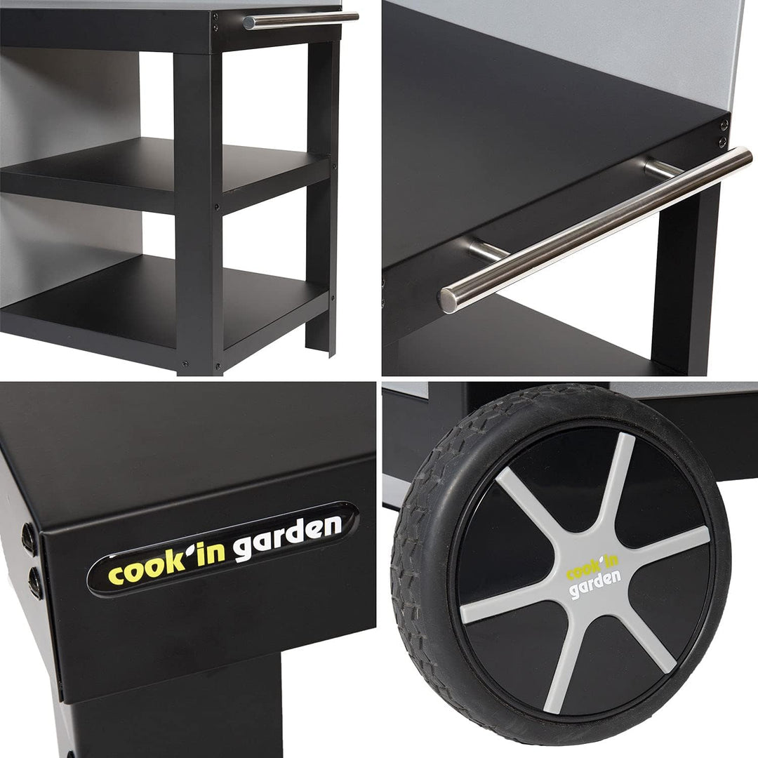 Cook'in garden Schwarzes Stahlgestell NOVA für Plancha. Outdoor-Abstelltisch mit Rollen für Plancha