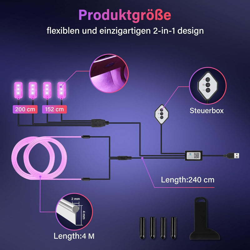 OMECO LED Innenbeleuchtung Auto USB Ambientebeleuchtung 4m 5050RGB mit Fussraumbeleuchtung und Kontr